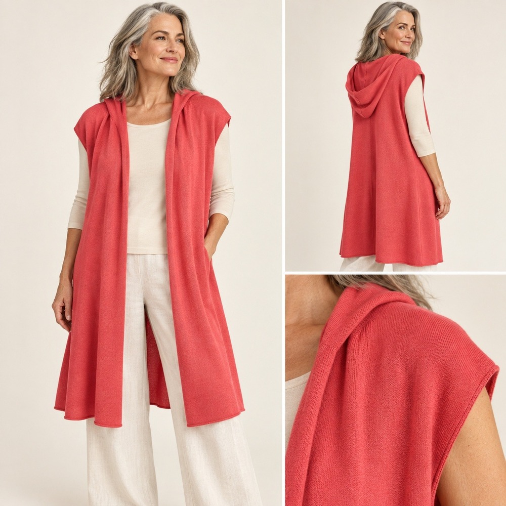 Eileen Fisher S Silk Cashmere Coral Red Hooded Open Front Cardigan Vest R7OY-2